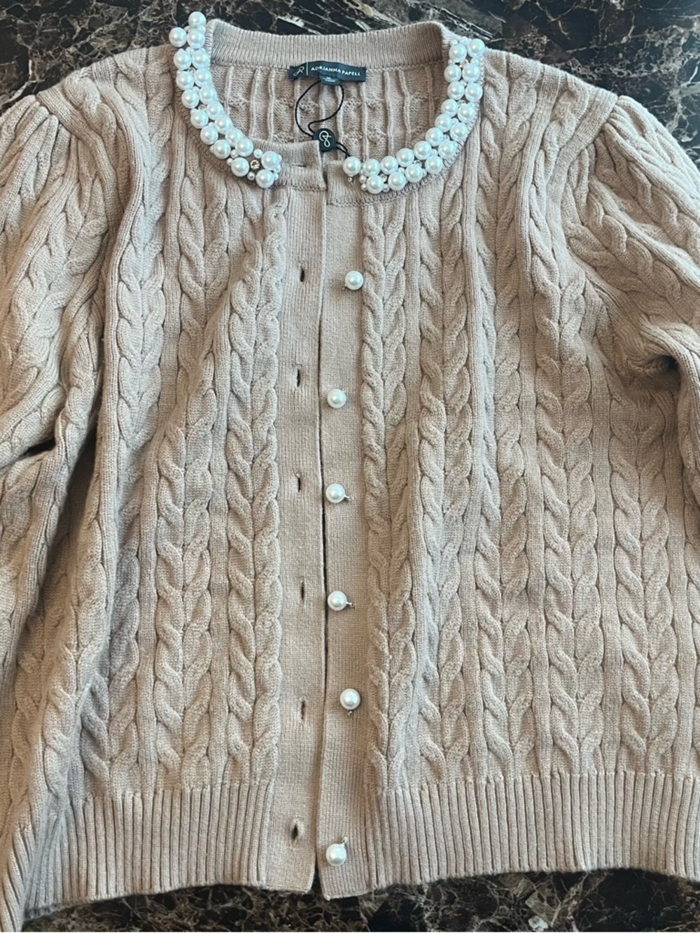 Adrianna Papell Pearl-Trim Cable Knit Cardigan Sweater in Beige